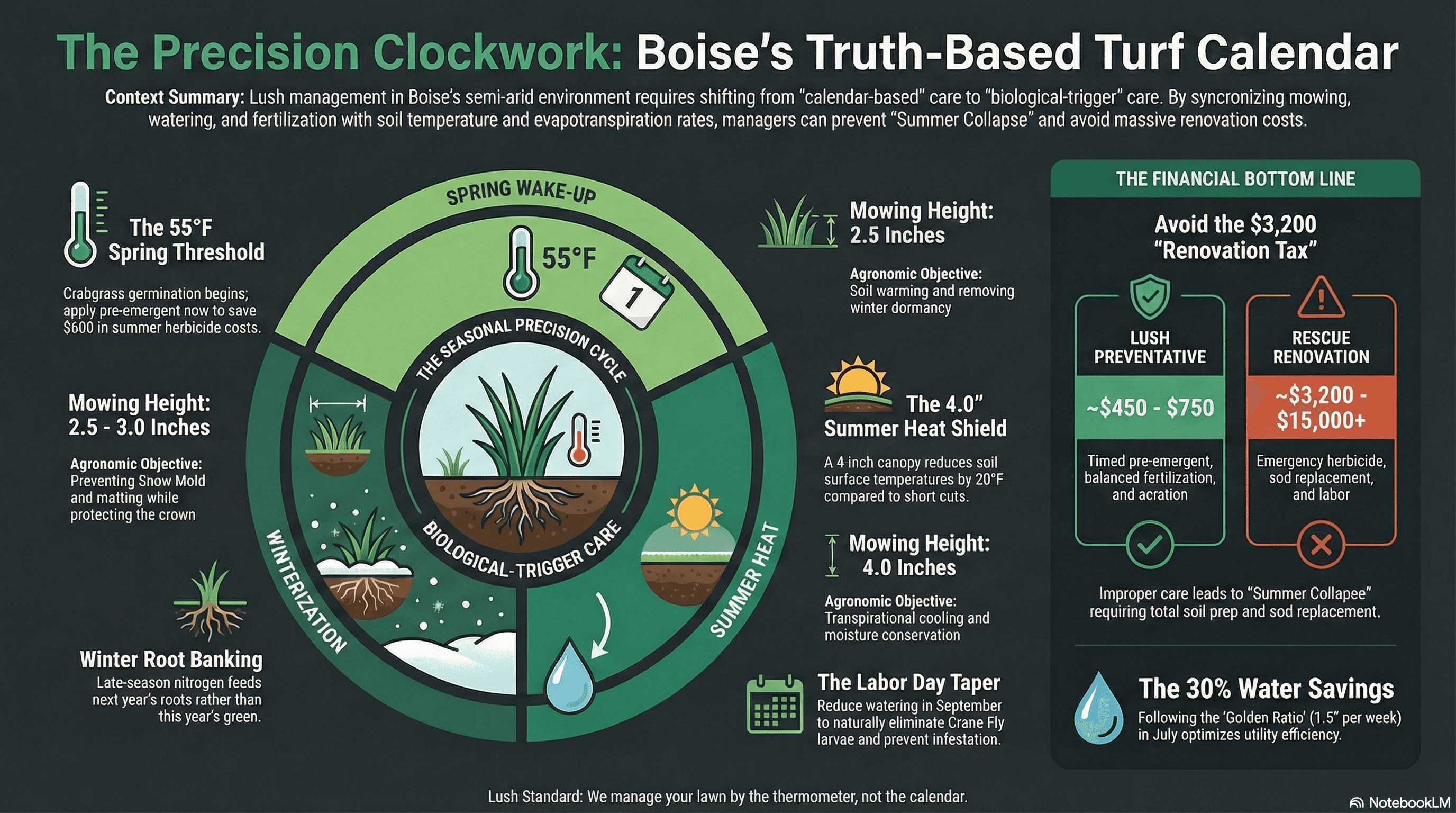 Lush 10 Precision Clockwork: Agronomic Calendar mapped to Boise's soil temperature milestones and the 55°F threshold.