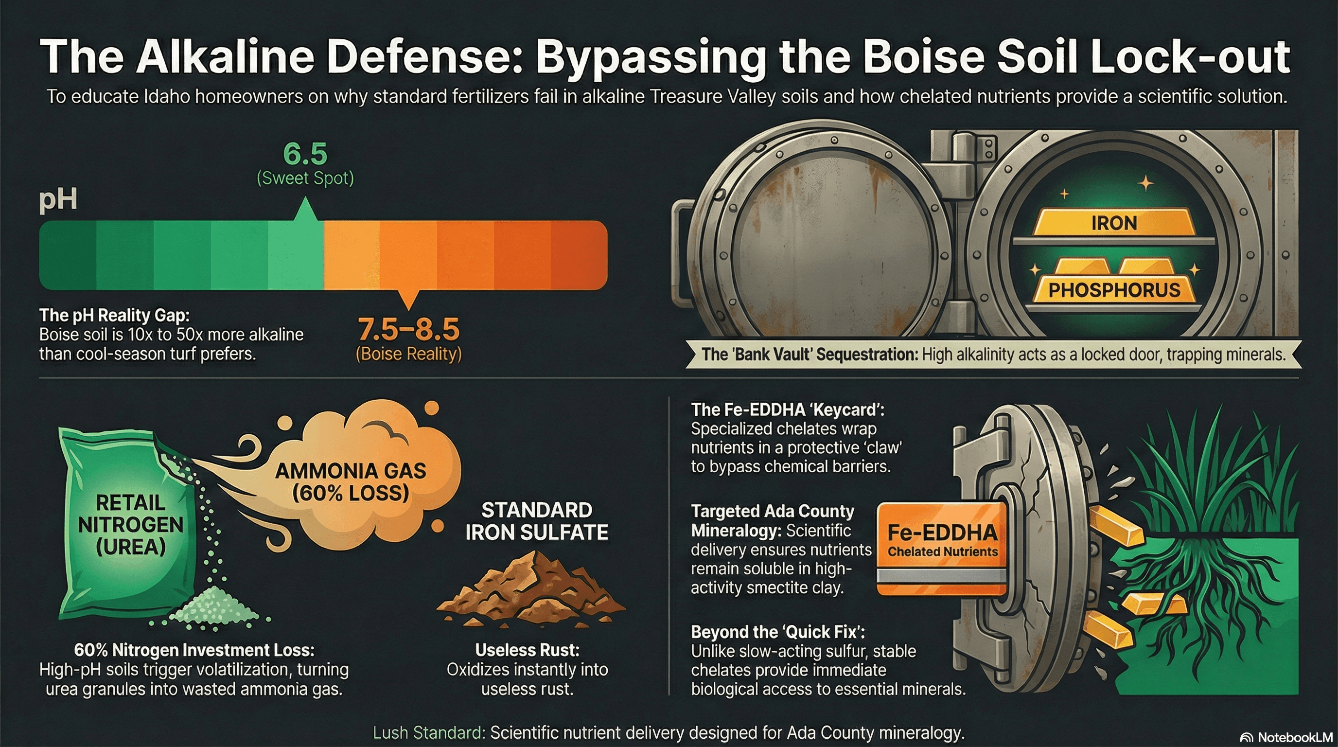 Lush 10 Soil Chemistry Infographic: Explaining the "Bank Vault" nutrient lockout and nitrogen volatilization in Boise, ID high-pH soils.