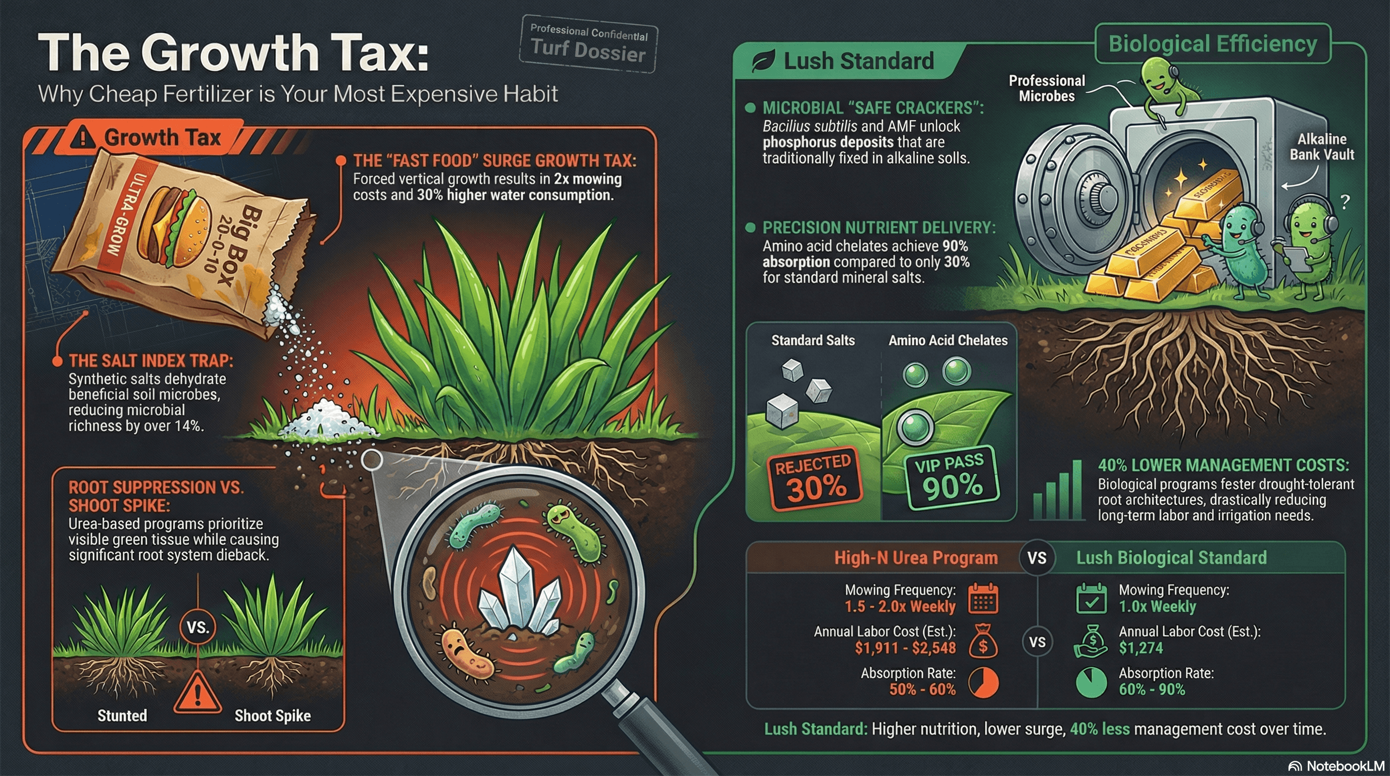 Lush 10 Soil Nutrient Management: Beyond N-P-K. Showing microbial interactions and the failure of synthetic salt fertilizers.